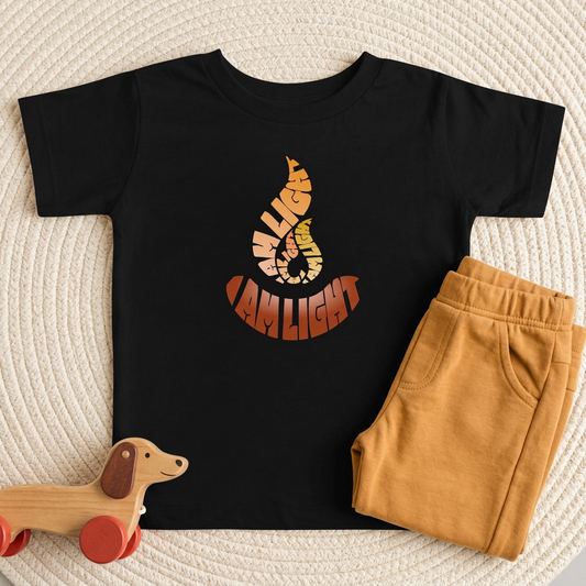 I Am Light black toddler T-shirt outfit flat lay