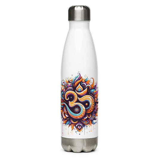 A stainless steel water bottle with a colorful geometric design and the Aum symbol printed on it, topped with a silver cap.