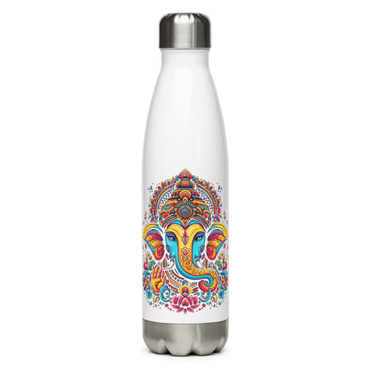 White water bottle with colorful Ganesha design on a white background