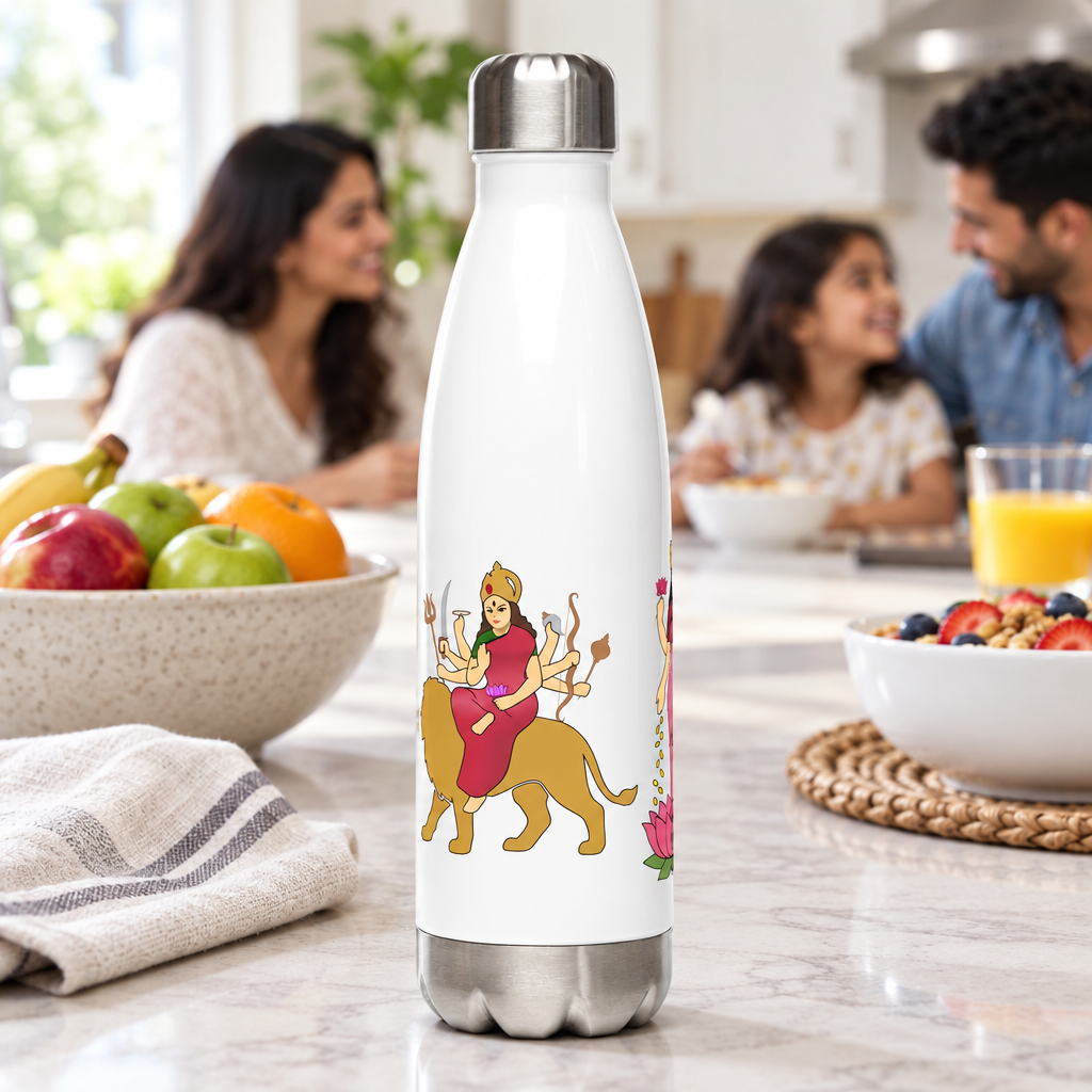 Divine Mother bottle Durga-facing kitchen scene