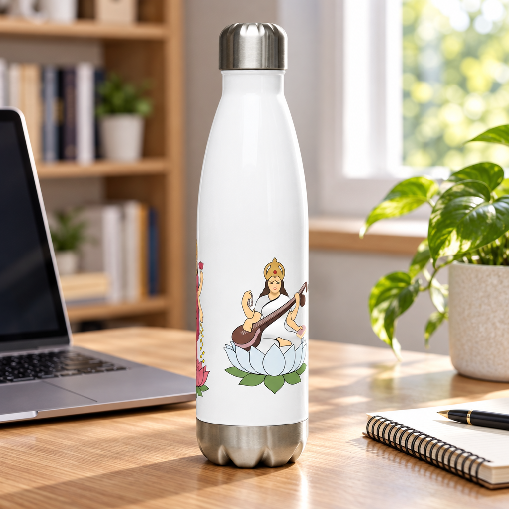 Divine Mother bottle Saraswati-facing desk scene