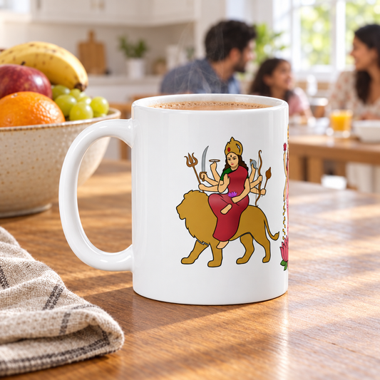 Divine Mother mug Durga-facing kitchen scene