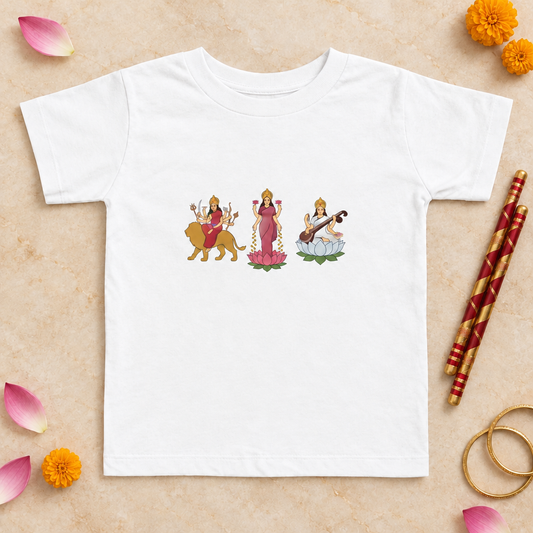 Divine Mother toddler tee flat-lay with dandiya sticks