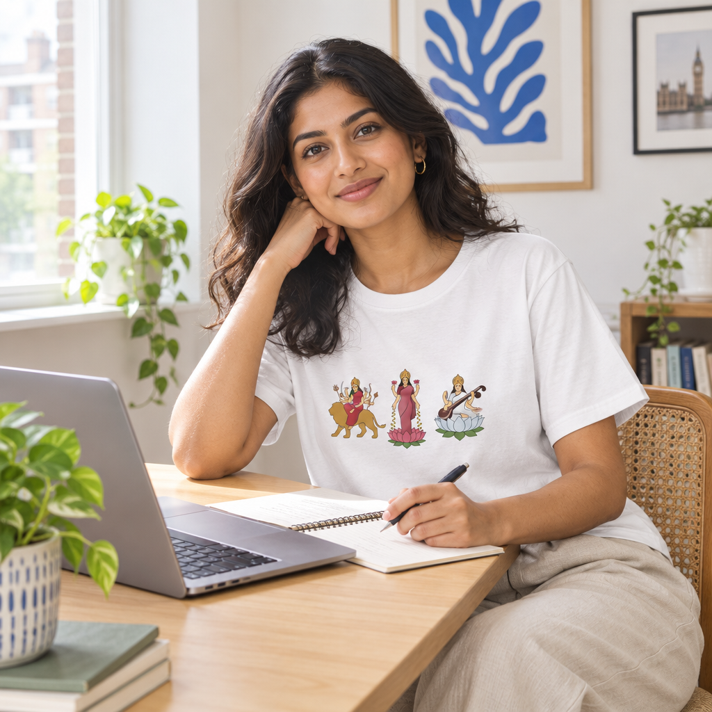 Divine Mother women's relaxed tee desk lifestyle