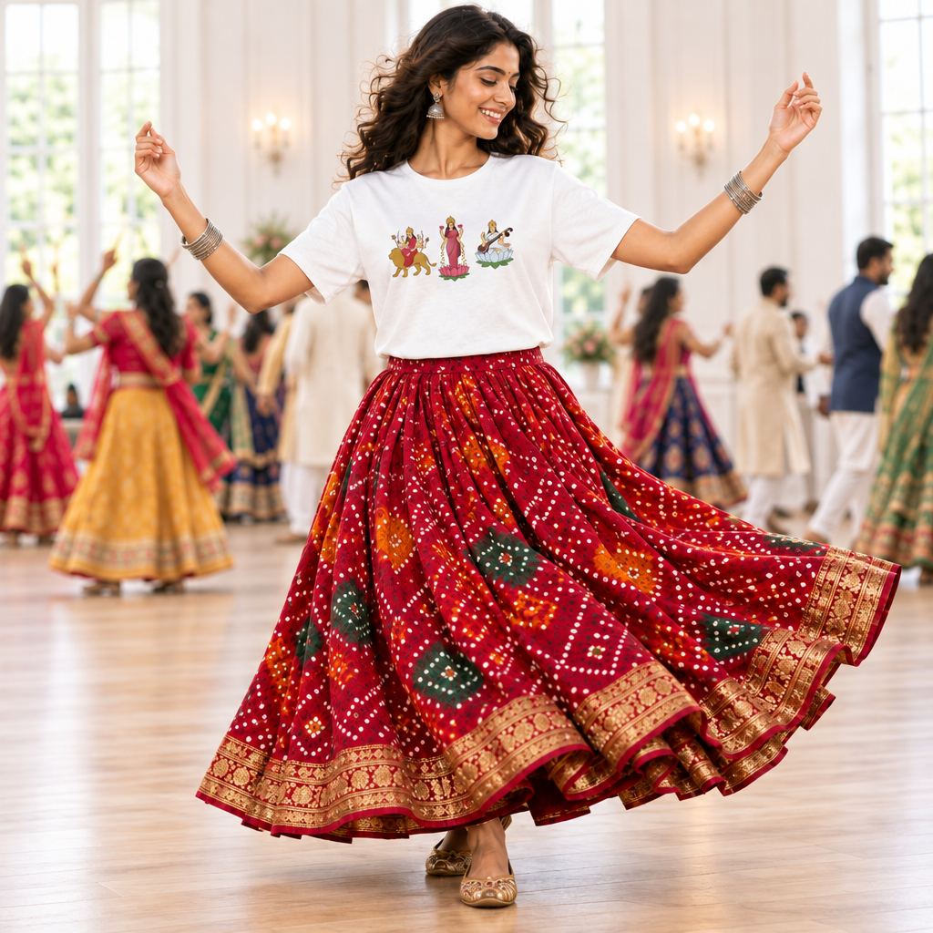 Divine Mother women's tee tucked into bandhani skirt during Garba in a bright indoor hall