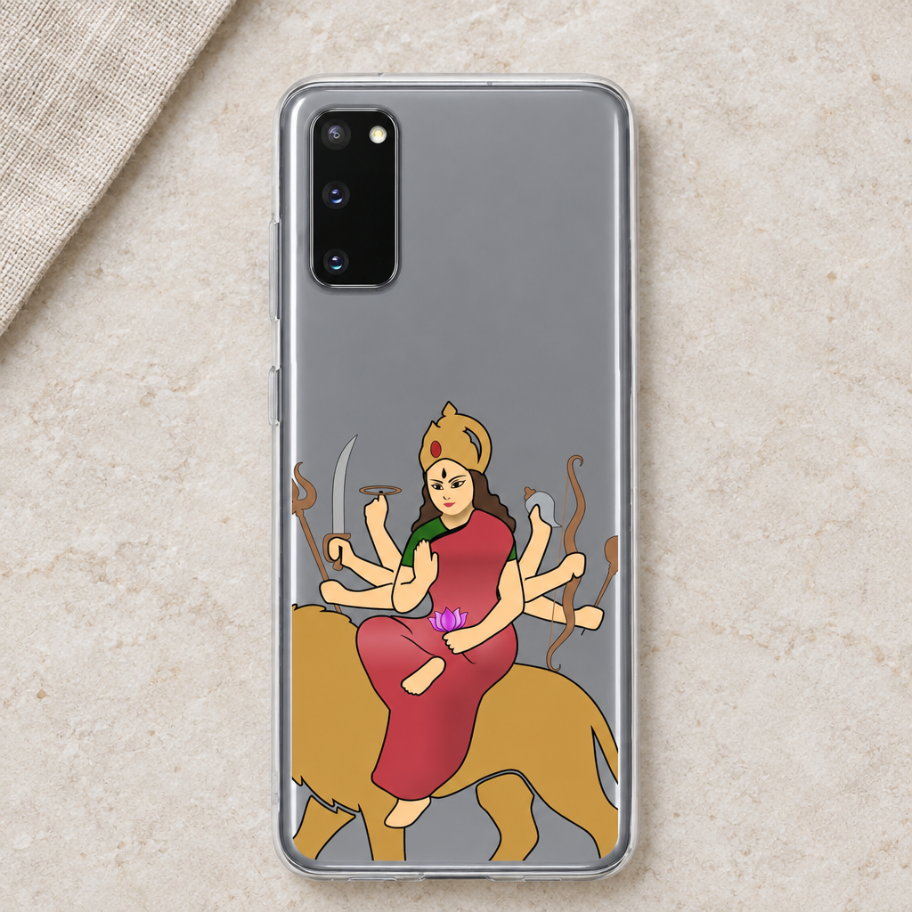 Mataji clear case on a grey Samsung Galaxy S20 featuring Durga seated on a golden lion, on pale stone with linen