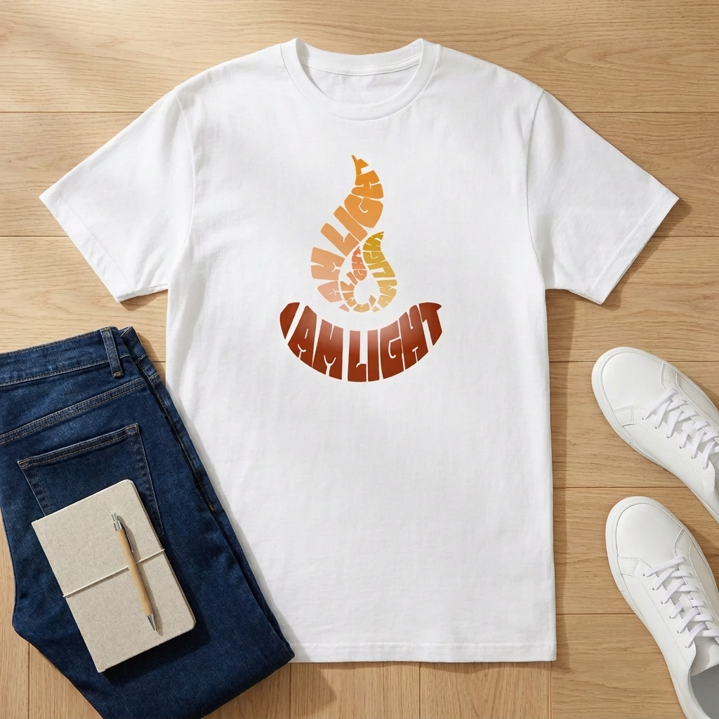 I Am Light white unisex classic T-shirt outfit flat lay