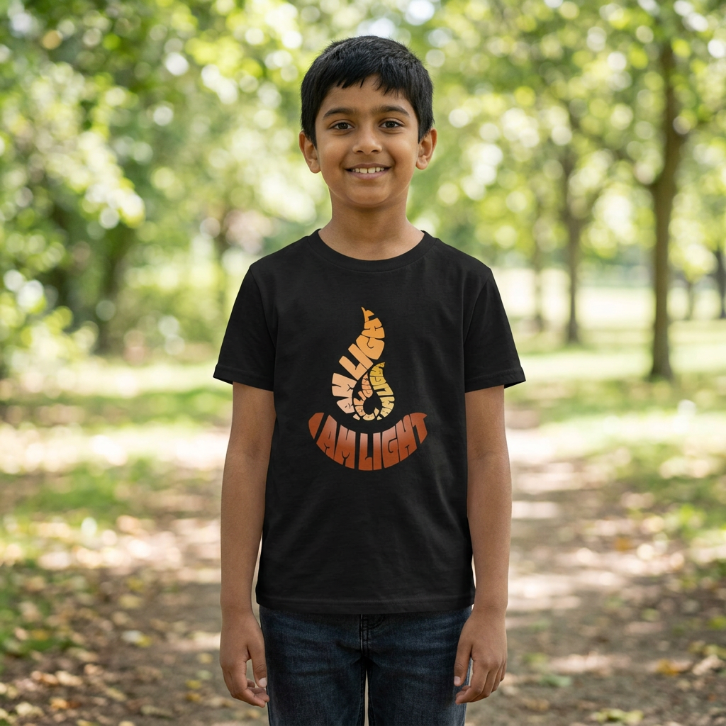 I Am Light black youth T-shirt worn in a park