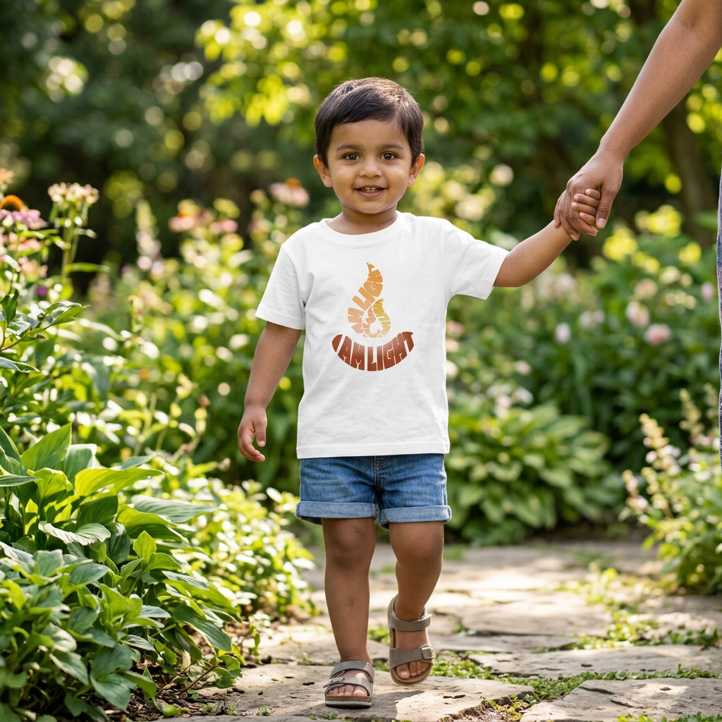 I Am Light white toddler T-shirt on a garden walk