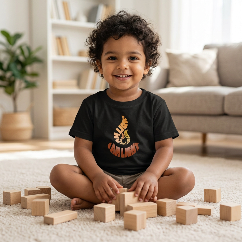 I Am Light black toddler T-shirt during playtime with wooden blocks