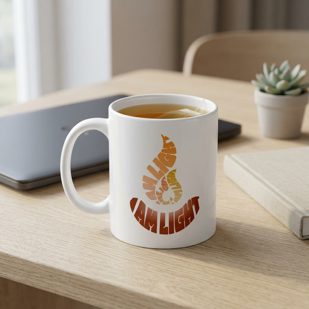 I Am Light mug on a home desk