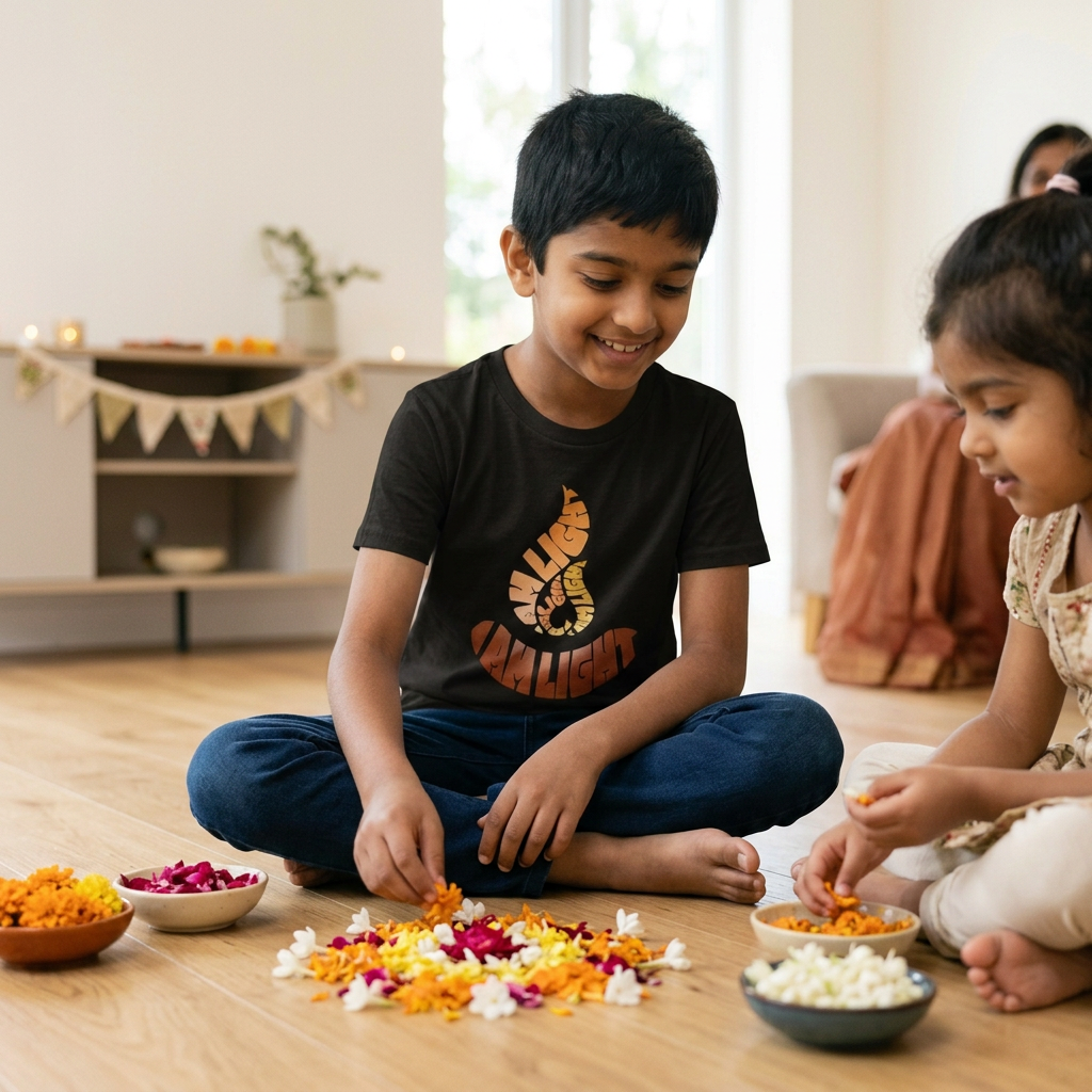 Child wearing an I Am Light youth T-shirt while making a flower-petal rangoli for Diwali