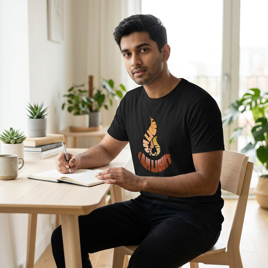 I Am Light black unisex classic T-shirt at a home desk