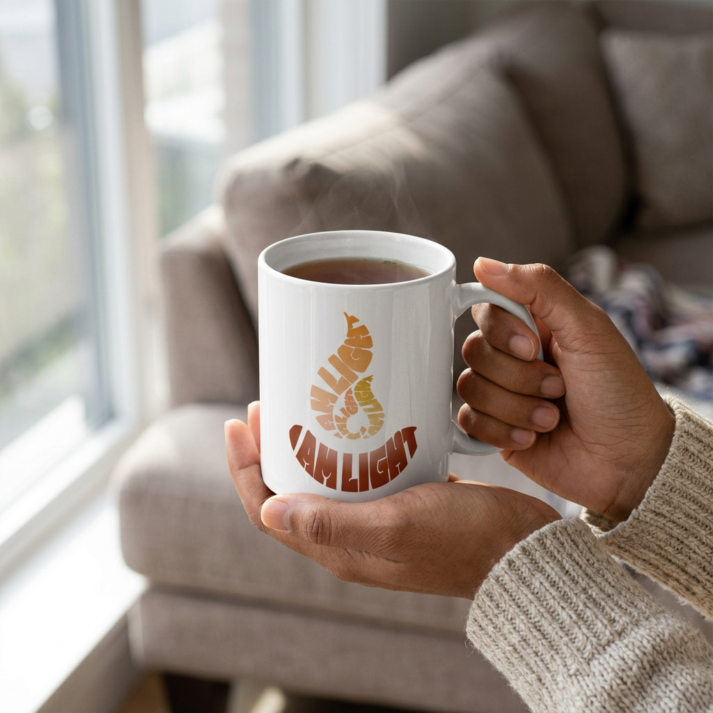 Hands holding an I Am Light mug beside a window