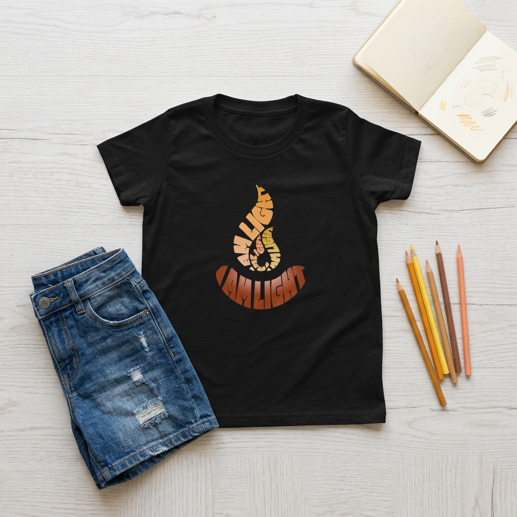 I Am Light black youth T-shirt flat lay with sketchbook