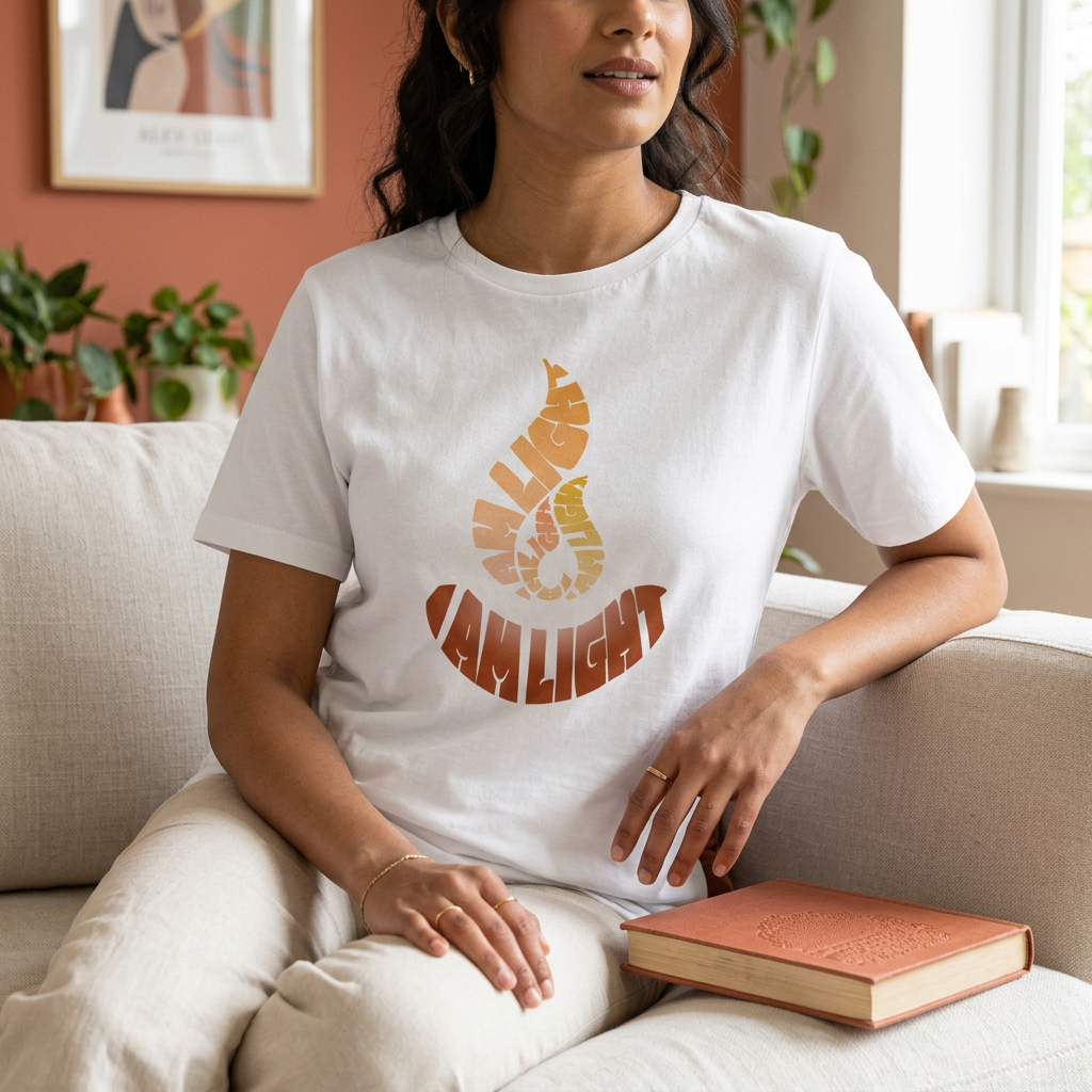I Am Light white women’s relaxed T-shirt worn while reading at home