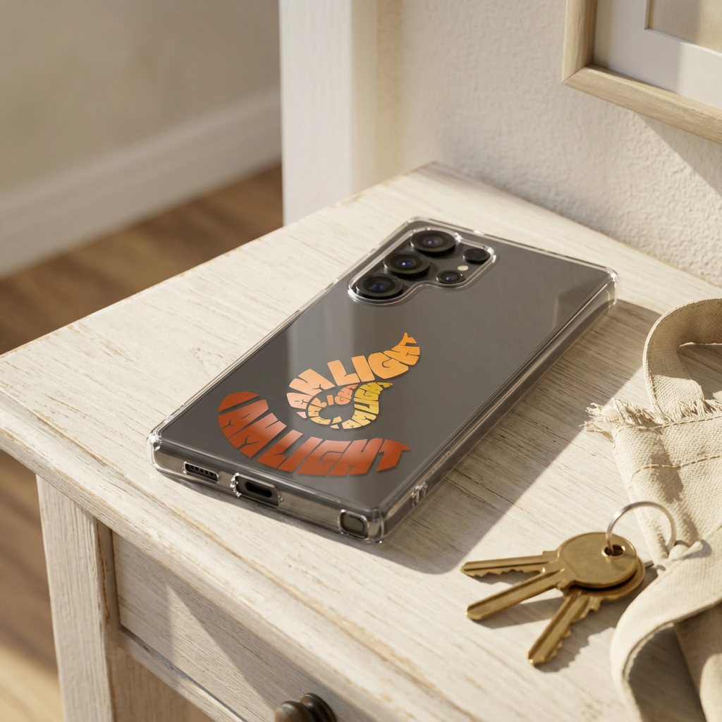 I Am Light clear Samsung case in a hallway