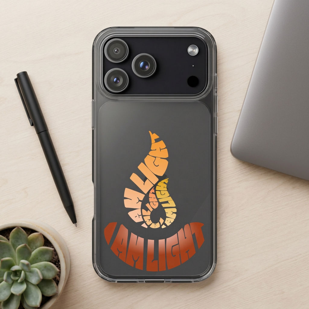 I Am Light clear iPhone case on a desk