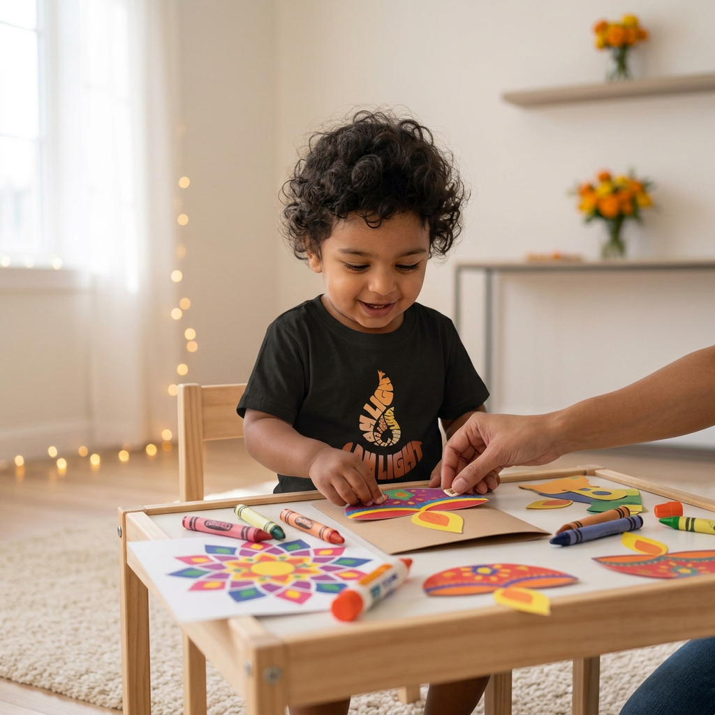 Toddler wearing an I Am Light T-shirt while making a Diwali card with adult help