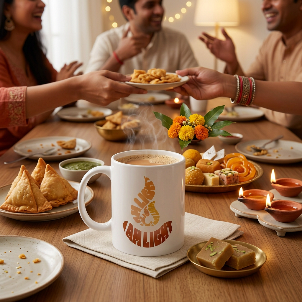 I Am Light mug of chai on a Diwali party table with snacks, mithai and festive decorations