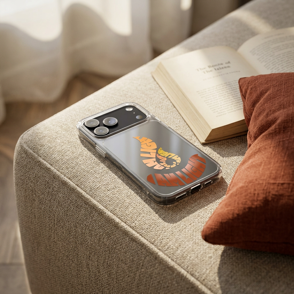I Am Light clear iPhone case in a living room