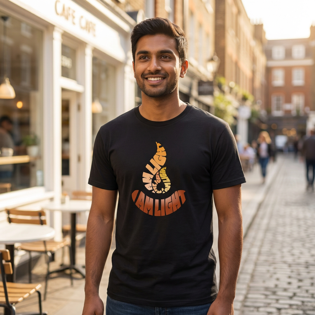 I Am Light black unisex classic T-shirt worn outside a café