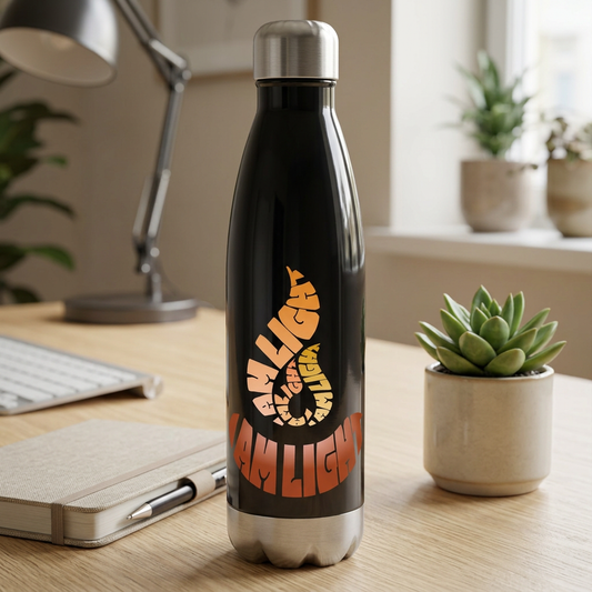 I Am Light black water bottle on a desk