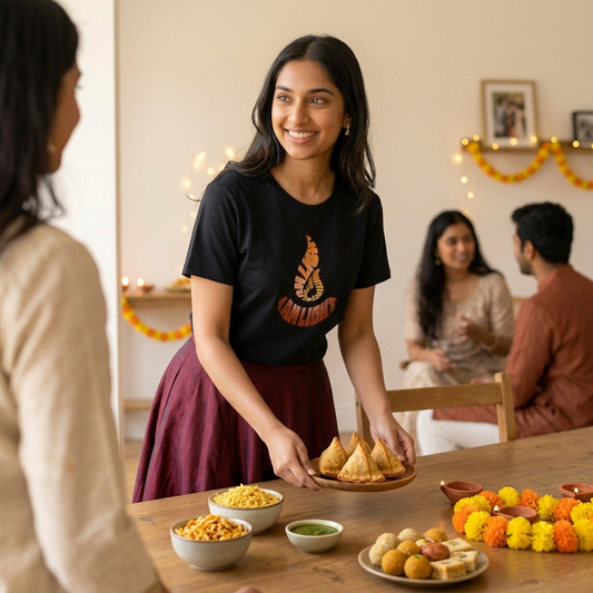 Woman wearing an I Am Light relaxed T-shirt and burgundy skirt while hosting a casual Diwali gathering