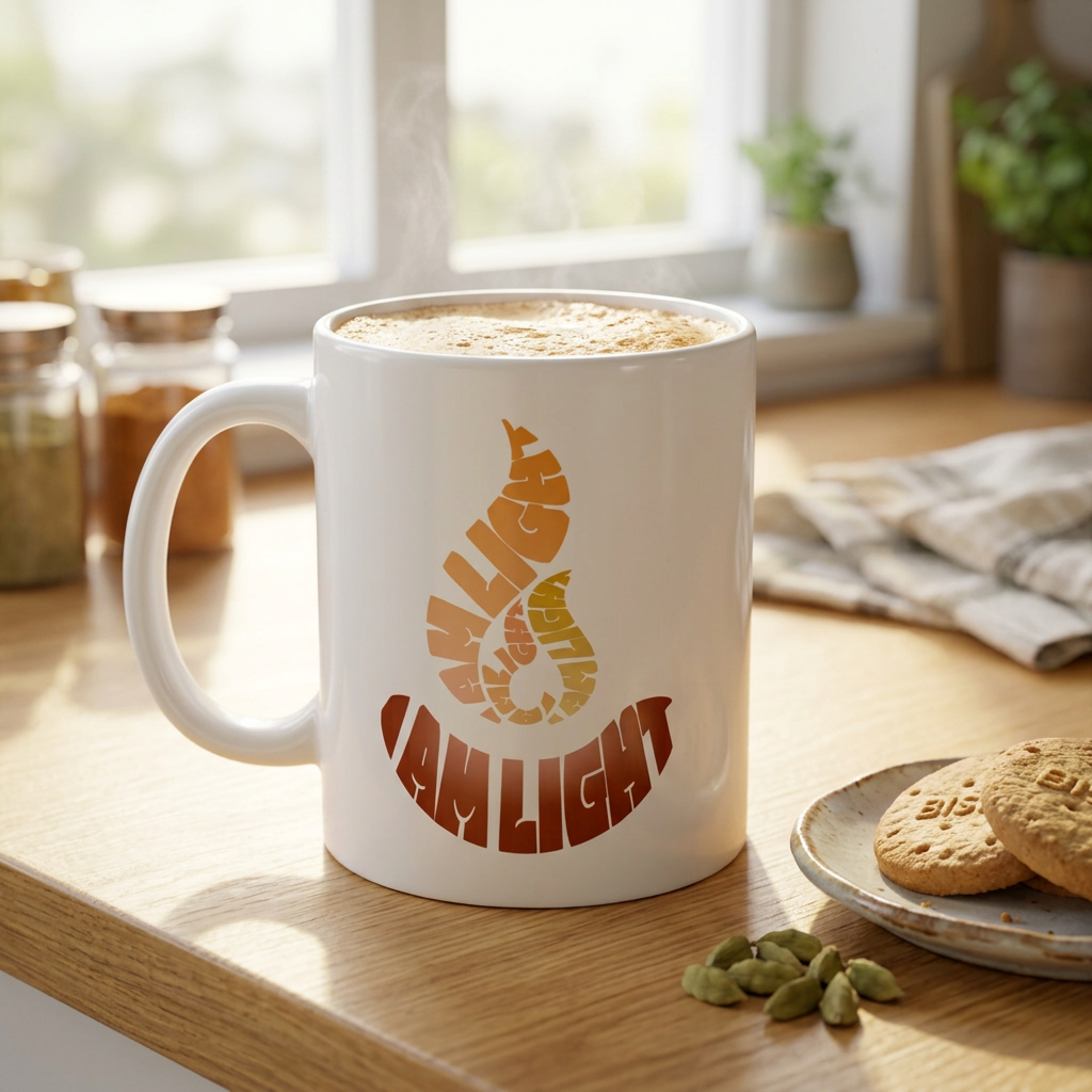 I Am Light mug with chai in a bright kitchen