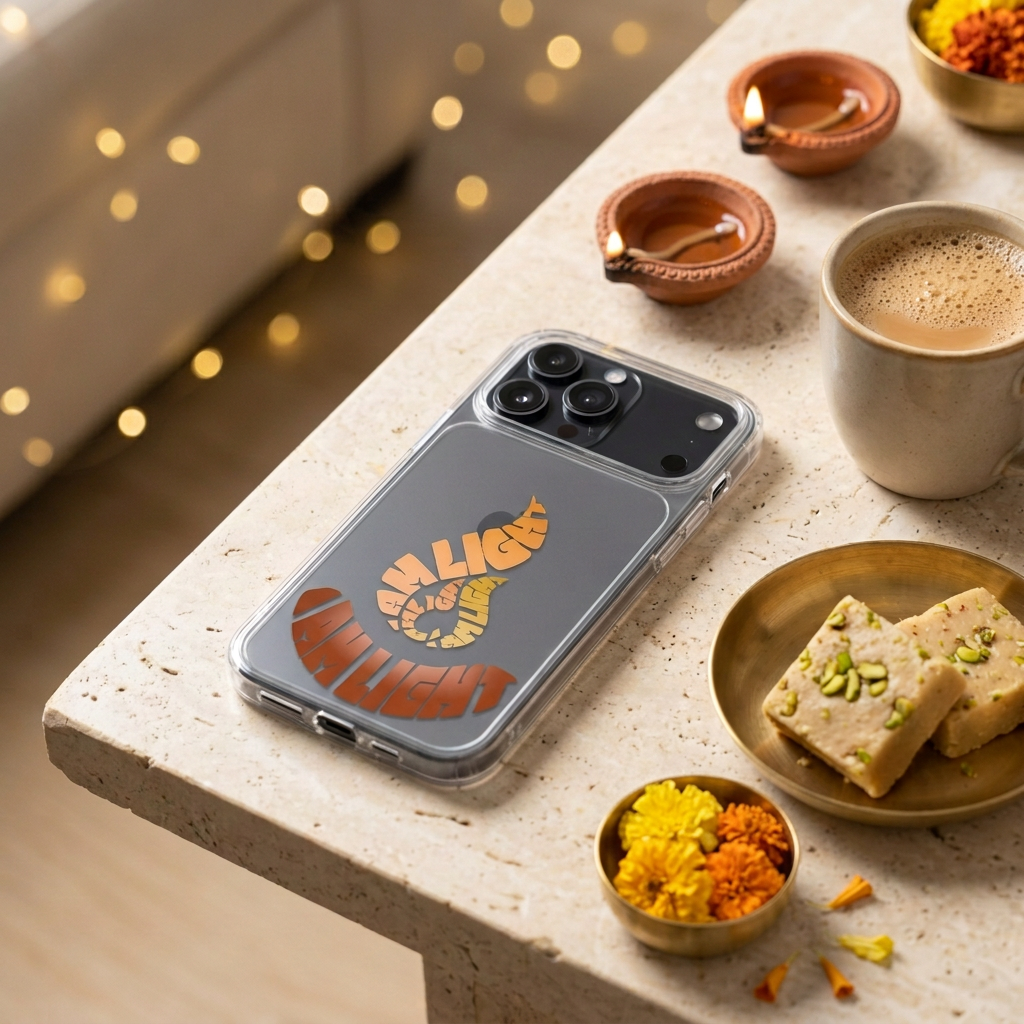I Am Light clear iPhone case lying flat on a table with Diwali flowers, sweets and diya decorations