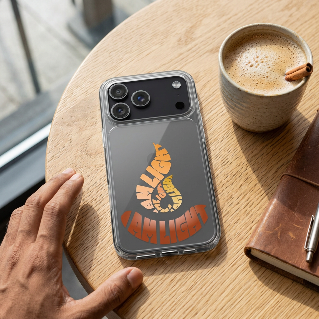 I Am Light clear iPhone case at a café