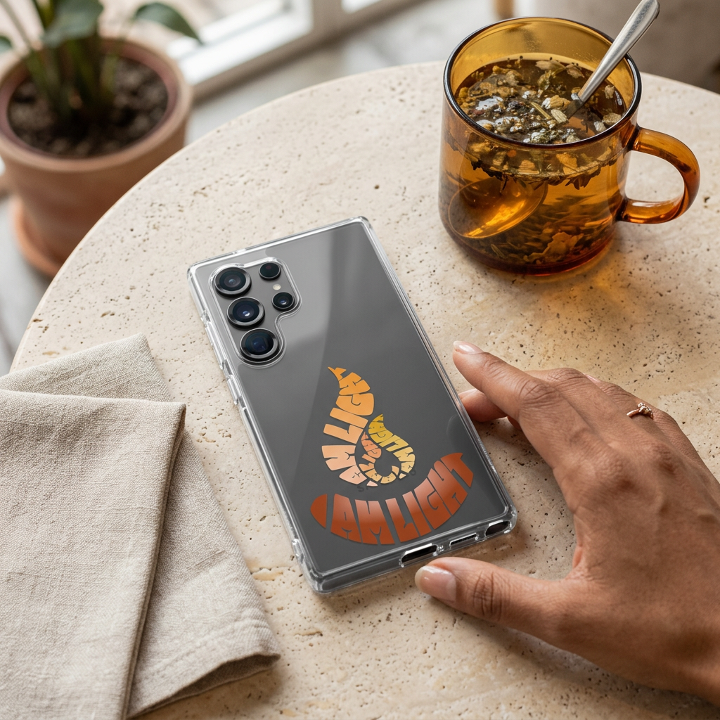 I Am Light clear Samsung case at a café