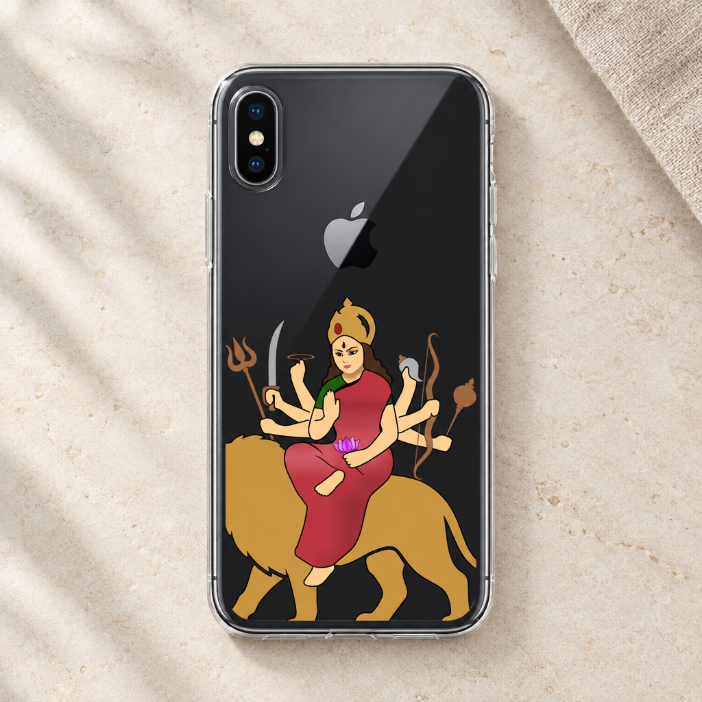 Mataji clear case on a black iPhone X/XS featuring Durga seated on a golden lion, on pale stone with linen