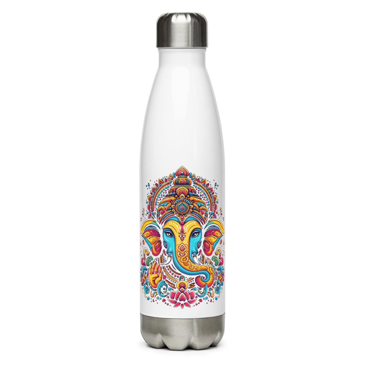 White water bottle with colorful Ganesha design on a white background
