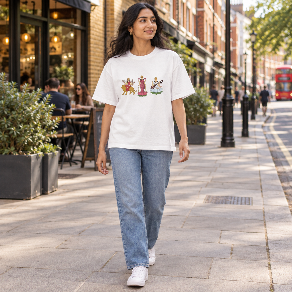Woman wearing the Divine Mother unisex tee in an urban setting